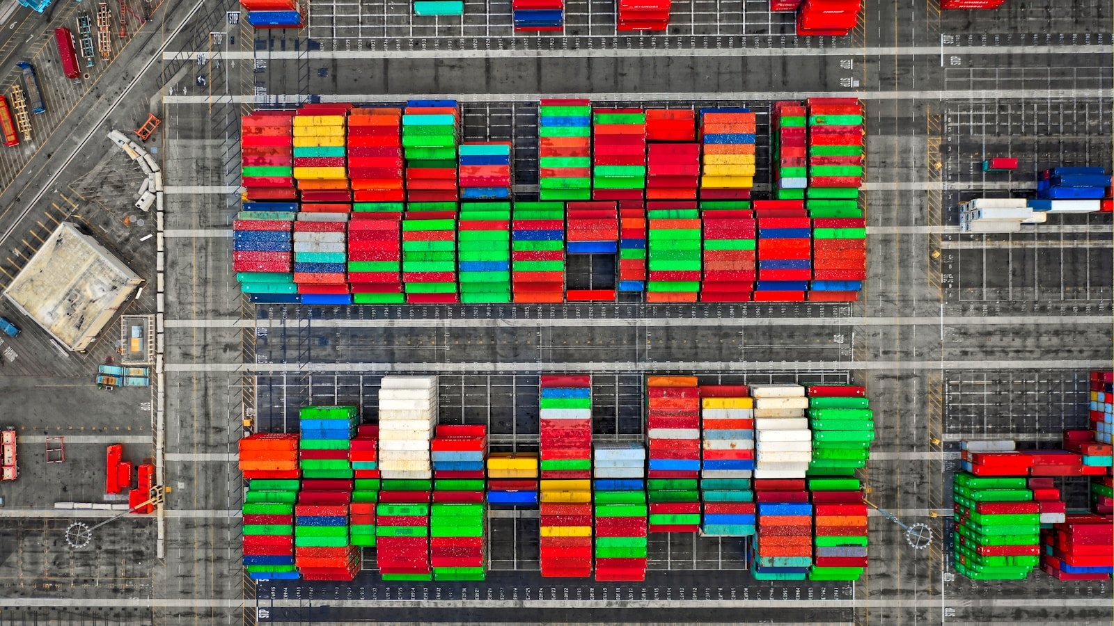Aerial view of a precisely organised international cargo terminal