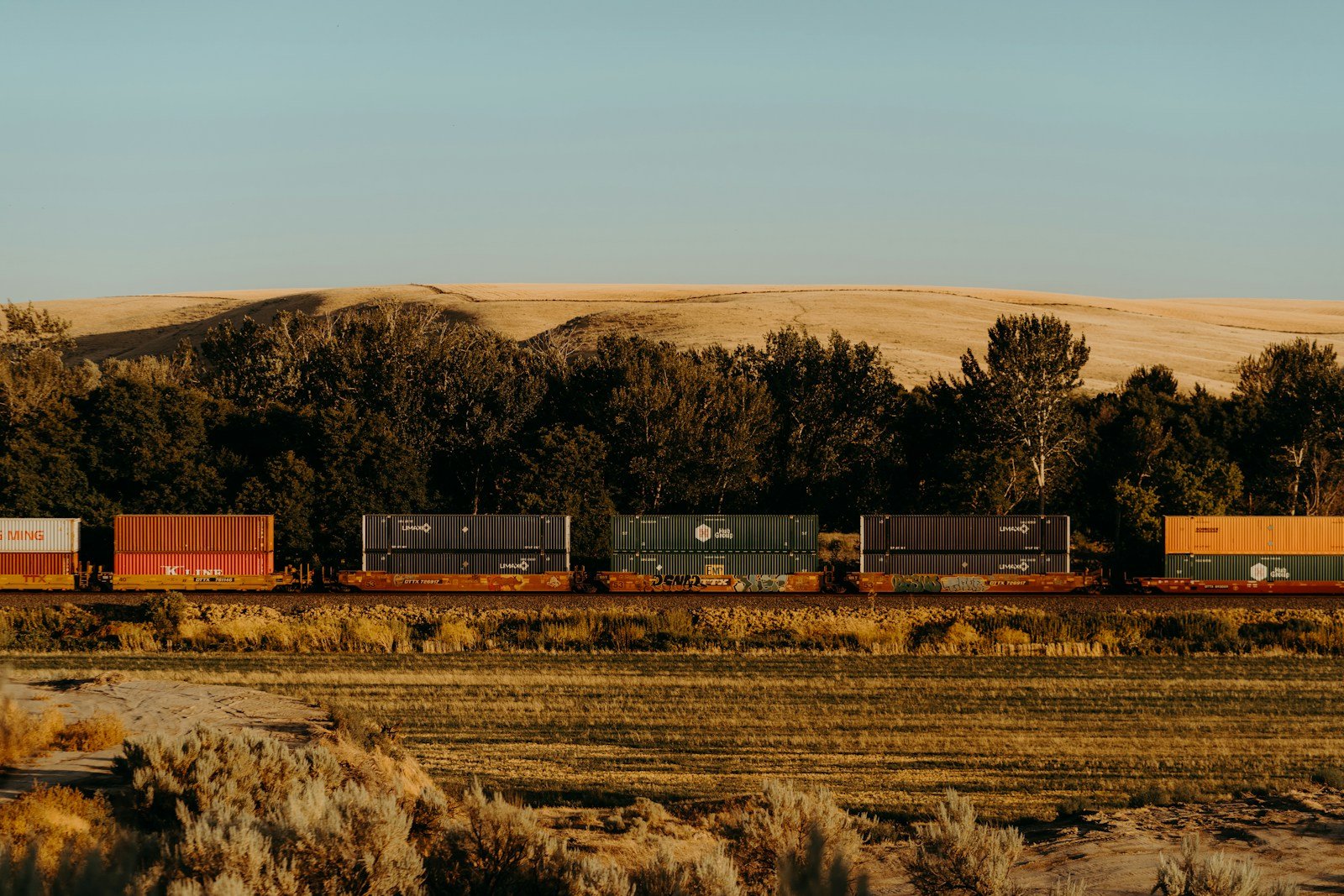 Container freight train moving through a broad landscape