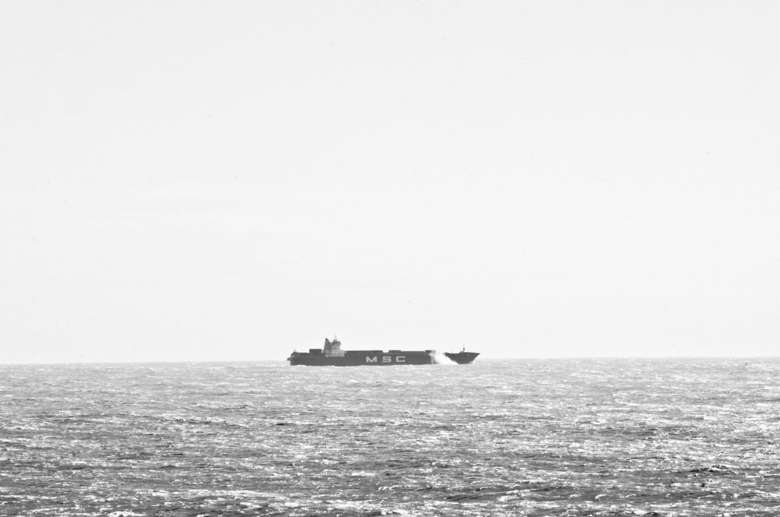 Container vessel sailing across open water beneath a broad sky